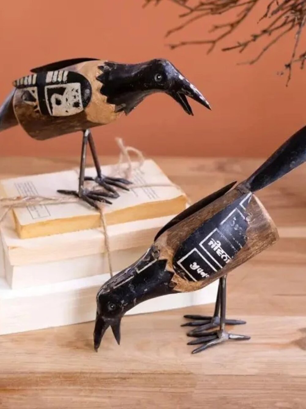 Set of Two Recycled Metal and Wood Crows NEW